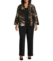 Caroline Rose Plus Size Tigress Animal Print Jacquard Mandarin Neck Bracelet Sleeve Button Front Statement Jacket