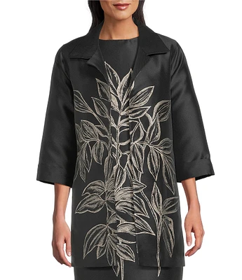 Caroline Rose Printed Rose Leaf Jacquard Point Collar 3/4 Sleeve Statement Jacket