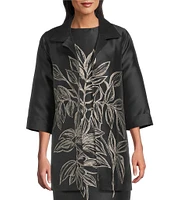 Caroline Rose Printed Rose Leaf Jacquard Point Collar 3/4 Sleeve Statement Jacket