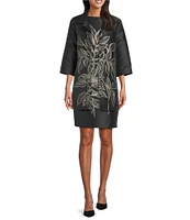 Caroline Rose Printed Rose Leaf Jacquard Point Collar 3/4 Sleeve Statement Jacket