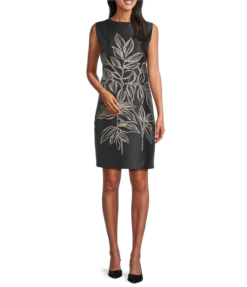 Caroline Rose Printed Rose Leaf Jacquard Scoop Neck Sleeveless Sheath Dress