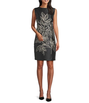 Caroline Rose Printed Rose Leaf Jacquard Scoop Neck Sleeveless Sheath Dress