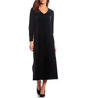 Caroline Rose Stretch Velvet V-Neck Long Sleeve Caftan Maxi Dress