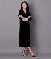 Caroline Rose Stretch Velvet V-Neck Long Sleeve Caftan Maxi Dress