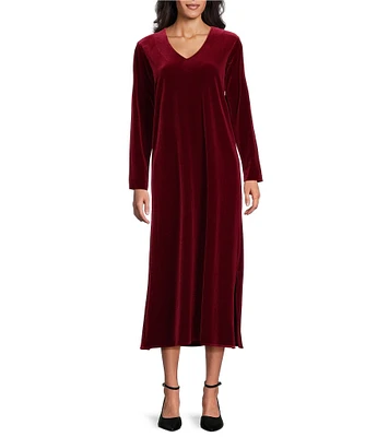 Caroline Rose Stretch Velvet V-Neck Long Sleeve Caftan Maxi Dress