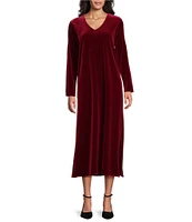 Caroline Rose Stretch Velvet V-Neck Long Sleeve Caftan Maxi Dress