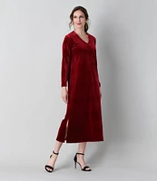 Caroline Rose Stretch Velvet V-Neck Long Sleeve Caftan Maxi Dress