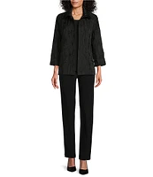 Caroline Rose Textured Jacquard Stand Collar Cuffed Sleeve Open-Front Jacket