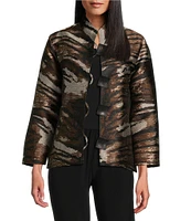 Caroline Rose Tigress Animal Print Jacquard Mandarin Neck Bracelet Sleeve Button Front Statement Jacket