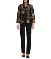 Caroline Rose Tigress Animal Print Jacquard Mandarin Neck Bracelet Sleeve Button Front Statement Jacket