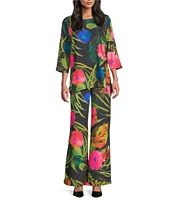 Caroline Rose Tropical Sunset Floral Print Elastic Waist Wide Leg Pants