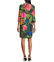Caroline Rose Tropical Sunset Floral Print Scoop Neck 3/4 Sleeve Easy Shift Dress