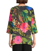 Caroline Rose Tropical Sunset Floral Print Scoop Neck 3/4 Sleeve Party Top