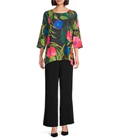 Caroline Rose Tropical Sunset Floral Print Scoop Neck 3/4 Sleeve Party Top