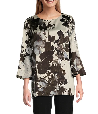 Caroline Rose Woven Crepe Bella Fall Floral Print Scoop Neck 3/4 Bell Sleeve Top