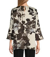 Caroline Rose Woven Crepe Bella Fall Floral Print Scoop Neck 3/4 Bell Sleeve Top