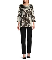 Caroline Rose Woven Crepe Bella Fall Floral Print Scoop Neck 3/4 Bell Sleeve Top
