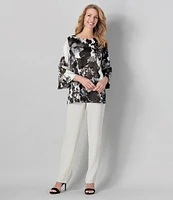 Caroline Rose Woven Crepe Bella Fall Floral Print Scoop Neck 3/4 Bell Sleeve Top