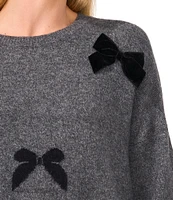 CeCe 3D Velvet Bow Crew Neck Long Sleeve Pullover Sweater