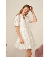 CeCe Babydoll Short Sleeve V-Neck Tiered Lace Mini Dress