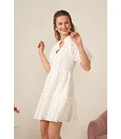 CeCe Babydoll Short Sleeve V-Neck Tiered Lace Mini Dress