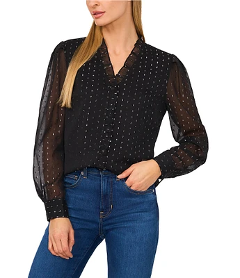 CeCe Beaded Ruffle V-Neck Sheer Long Sleeve Button-Front Blouse