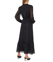 CeCe Beaded Tie V-Neck Sheer Long Sleeve Flounce Hemline Tiered Long A-Line Dress