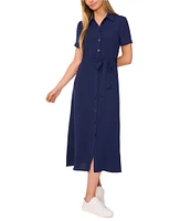 CeCe Button Front Short Sleeve Midi Dress
