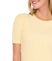 CeCe Cable Knit Crew Neck Short Puff Sleeve Top
