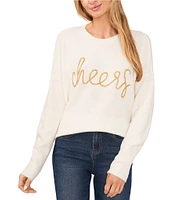 CeCe Cheers Metallic Beaded Script Crew Neck Drop Shoulder Long Sleeve Jersey Knit Sweater