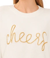 CeCe Cheers Metallic Beaded Script Crew Neck Drop Shoulder Long Sleeve Jersey Knit Sweater