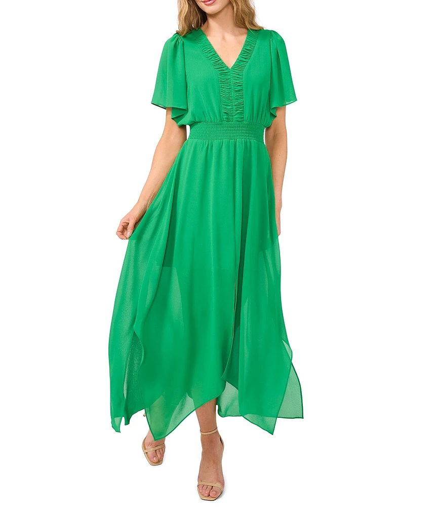 CeCe Chiffon V-Neckline Short Sleeve A-Line Maxi Dress