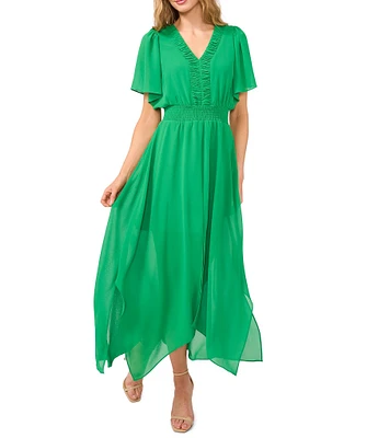 CeCe Chiffon V-Neckline Short Sleeve A-Line Maxi Dress