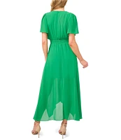 CeCe Chiffon V-Neckline Short Sleeve A-Line Maxi Dress