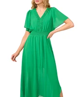 CeCe Chiffon V-Neckline Short Sleeve A-Line Maxi Dress