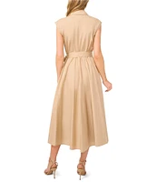 CeCe Collared Cap Sleeve Button Front Belted Shirt Midi Dress