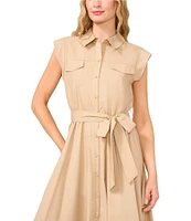 CeCe Collared Cap Sleeve Button Front Belted Shirt Midi Dress