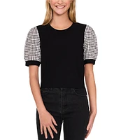 CeCe Crepe Knit Round Neck Gingham Puff Sleeve Top