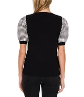 CeCe Crepe Knit Round Neck Gingham Puff Sleeve Top