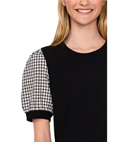 CeCe Crepe Knit Round Neck Gingham Puff Sleeve Top