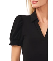 CeCe Crepe Knit Point Collar V-Neck Short Puffed Sleeve Shirt