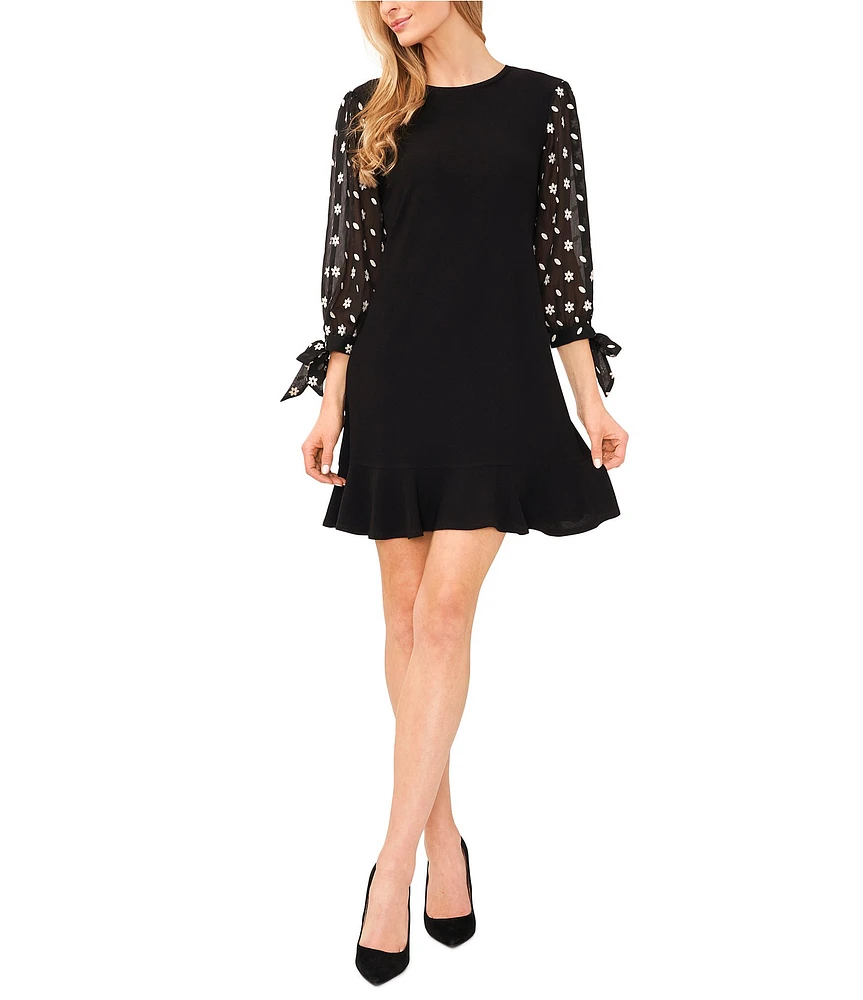 CeCe Crew Neck 3/4 Puffed Floral Sleeve Dress