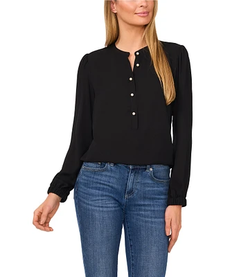 CeCe Crew Neck Long Sleeve Button Front Blouse