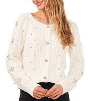 CeCe Crew Neck Long Sleeve Button Front Rhinestone Cable Knit Cardigan