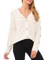 CeCe Crew Neck Long Sleeve Button Front Rhinestone Cable Knit Cardigan