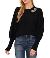 CeCe Crew Neck Long Sleeve Rhinestone Bow Jersey Knit Sweater