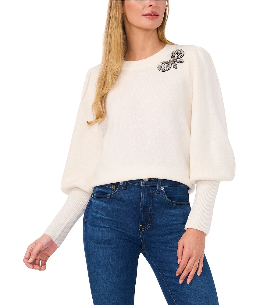 CeCe Crew Neck Long Sleeve Rhinestone Bow Jersey Knit Sweater