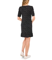 CeCe Crew Neck Short Puffed Sleeve Polka Dot Dress