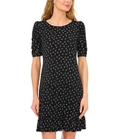 CeCe Crew Neck Short Puffed Sleeve Polka Dot Dress