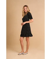 CeCe Crew Neck Short Puffed Sleeve Polka Dot Dress